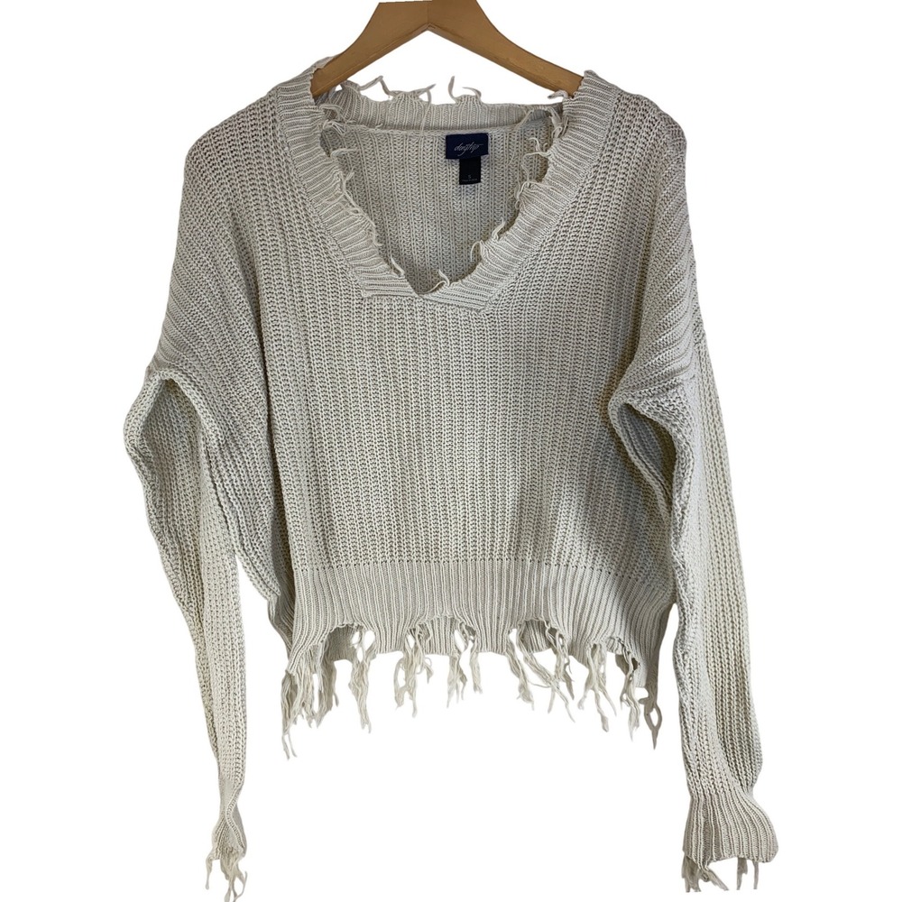 Distressed Knit Sweater S Cotton chunky Grunge Boho Edgy Womens fringe oversized